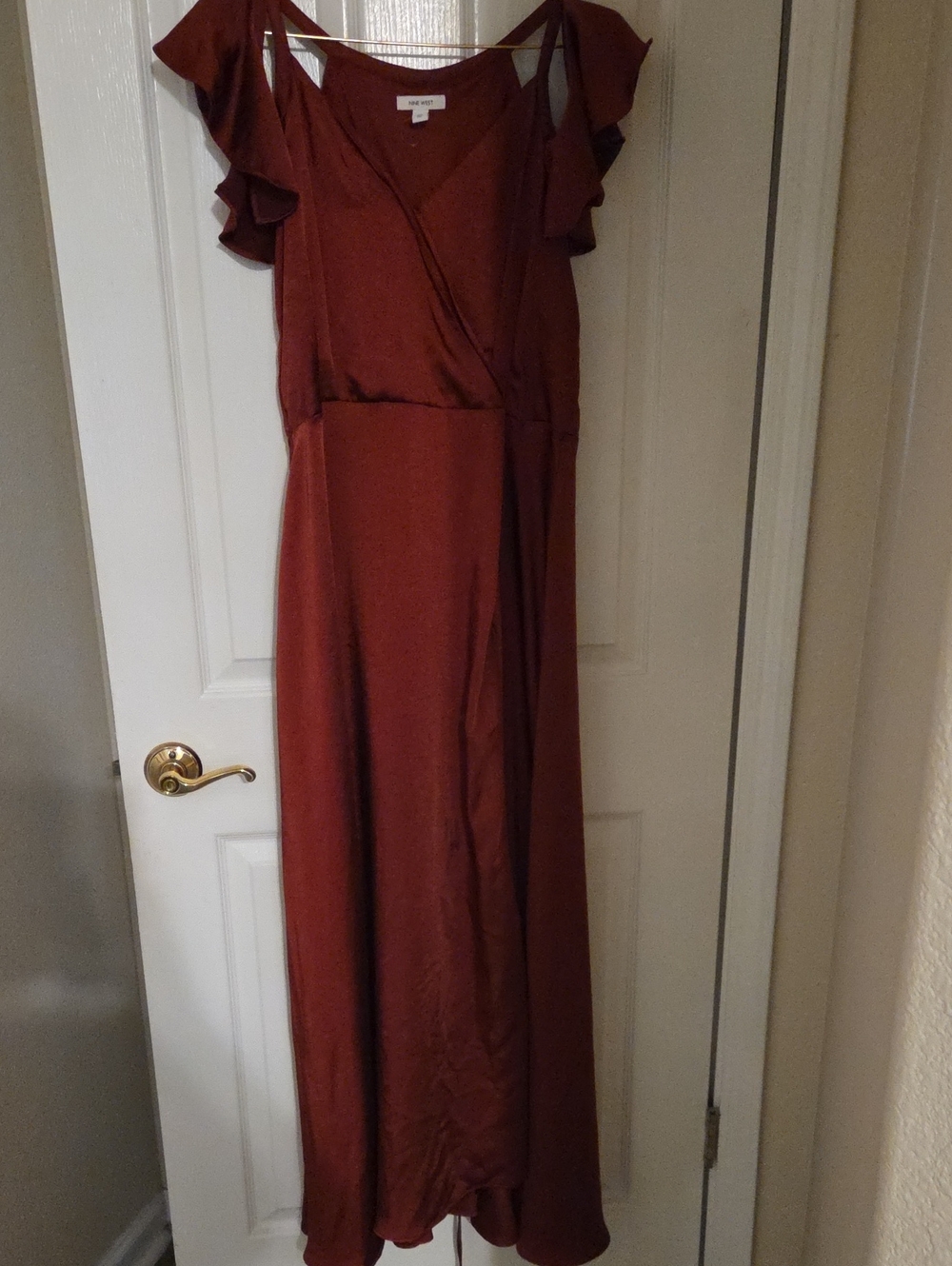 Nine West Rust Ruffle-Shoulder Maxi Dress